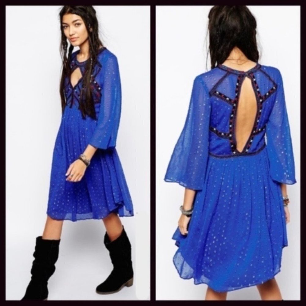 Free People All You Need Dress S NWOT Embroidered Chiffon Cut-Out Bell Sleeves - Picture 7 of 7